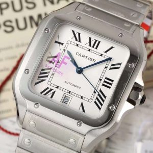 The highly sought-after Cartier Santos mechanical watch in large size is now in stock.